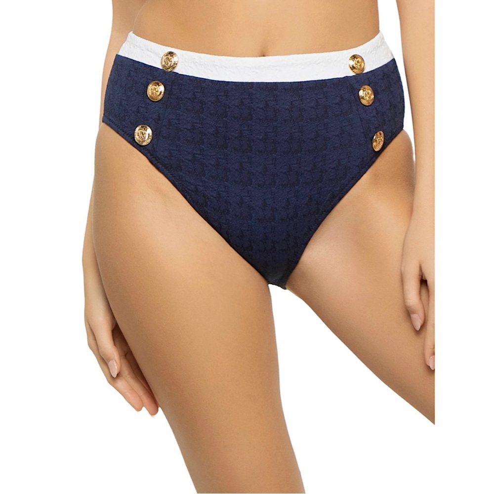 L'AGENCE Navy and White High-Waist Bikini Bottom with Gold Buttons